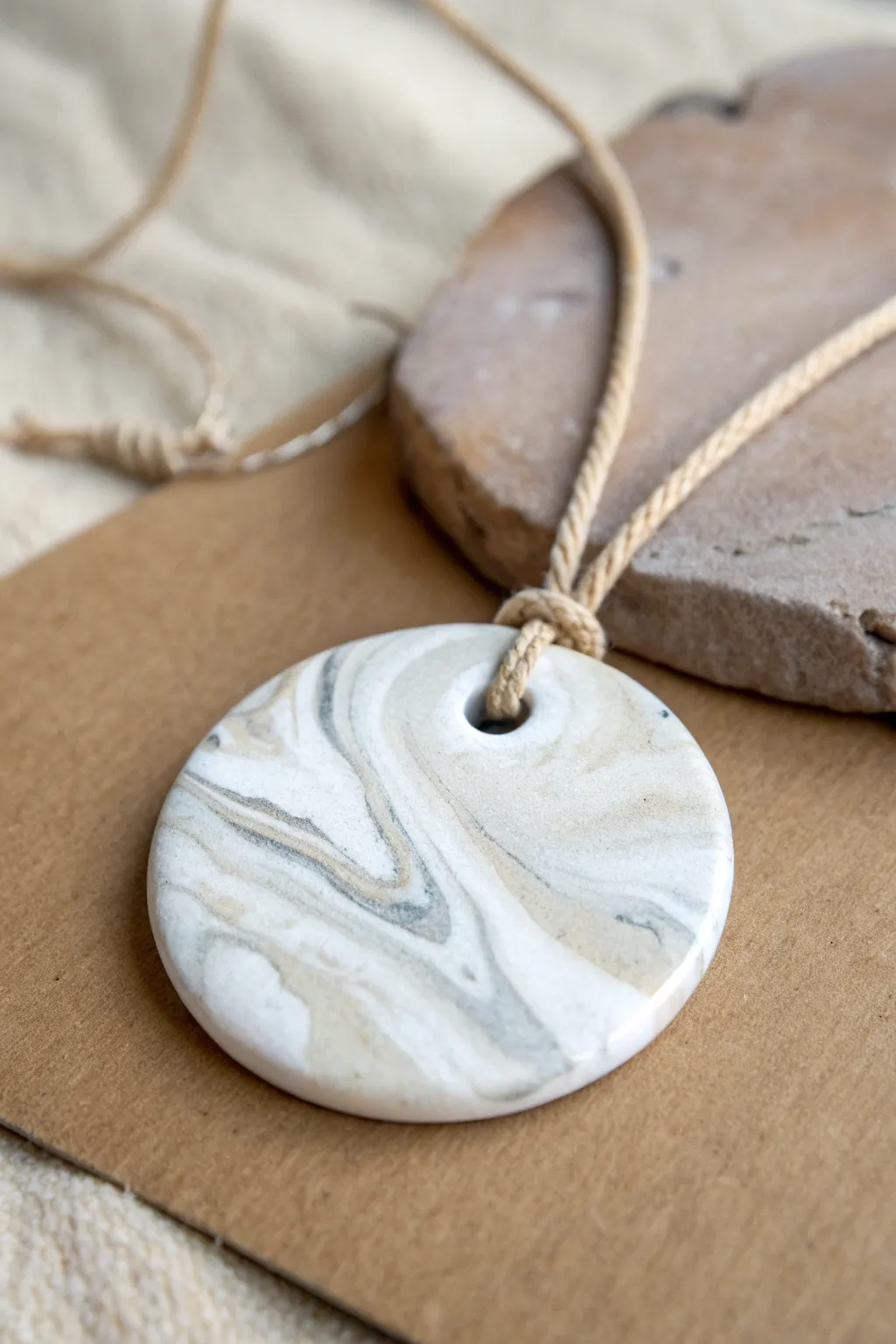 Marbled stone-look clay medallion with linen cord, minimal and bold with handmade charm.