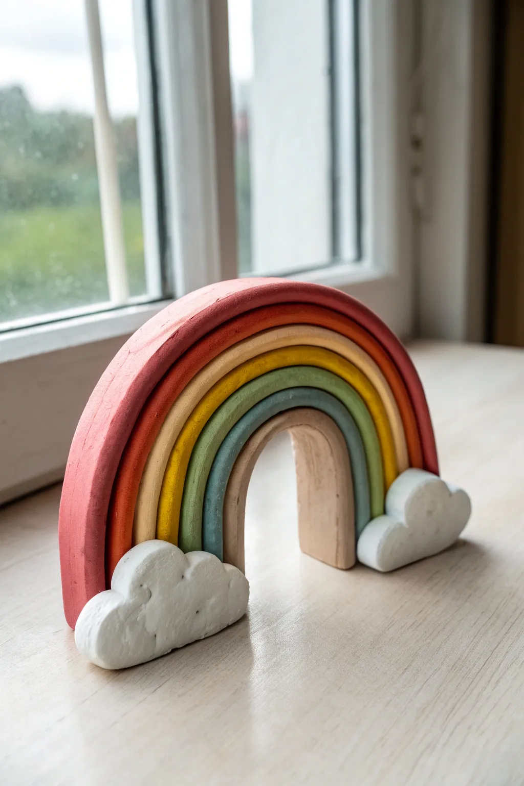 Bright clay Rainbow Arc with puffy cloud ends, a sweet and simple kindergarten modeling idea.