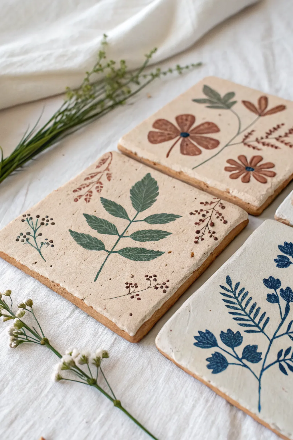 Leaf and flower print clay tiles kids can make, simple, bold, beautifully textured today.