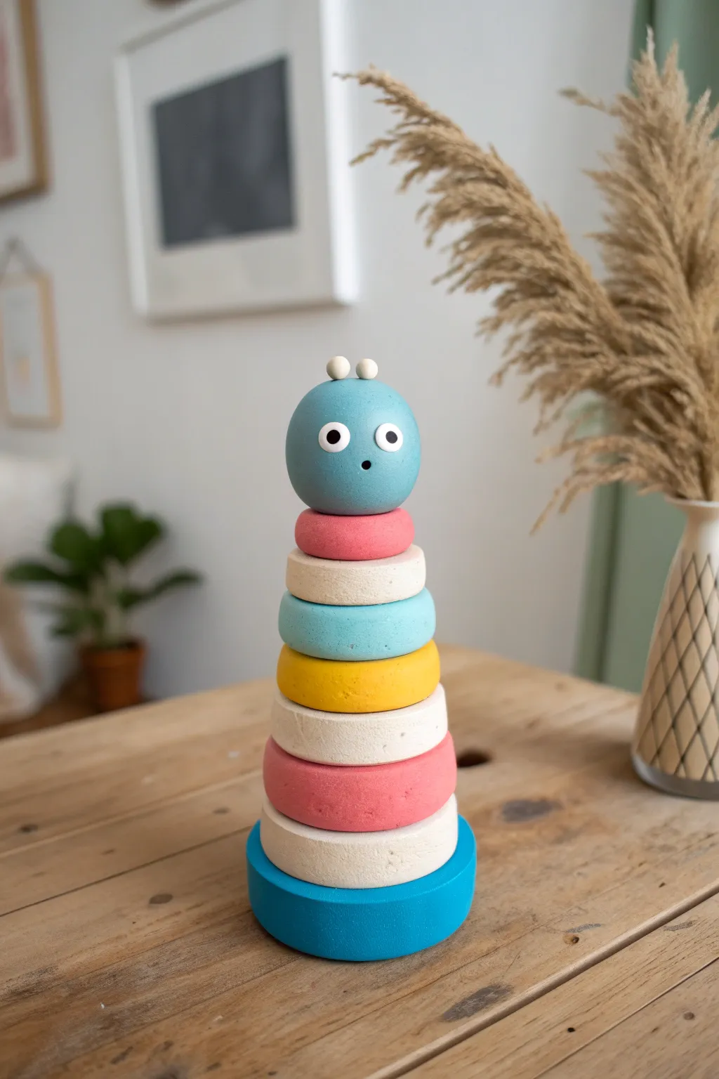 Bright color-blocked clay monster built from simple shapes, bold minimalist charm for your shelf.