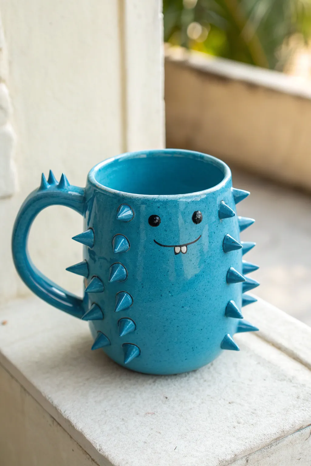 Spiky punk monster mug in bold cobalt glaze, minimal styling, big texture and attitude.