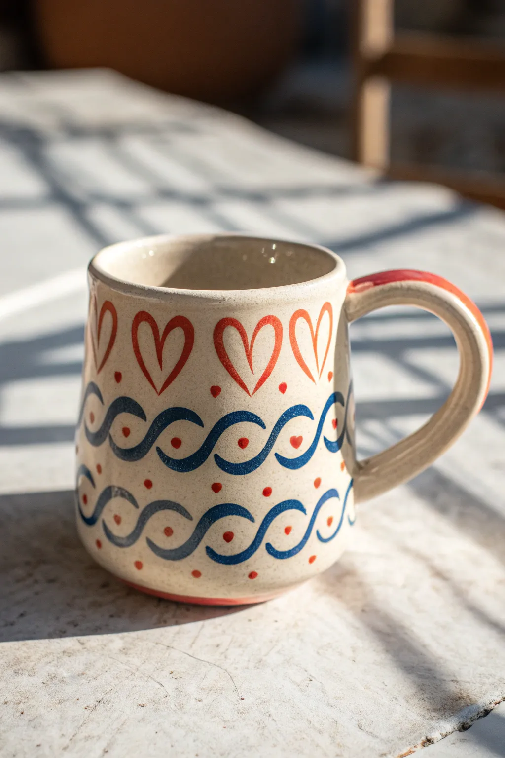 Glossy clay mug with raised slip-trailed doodles in bold, cheerful colors and minimalist style