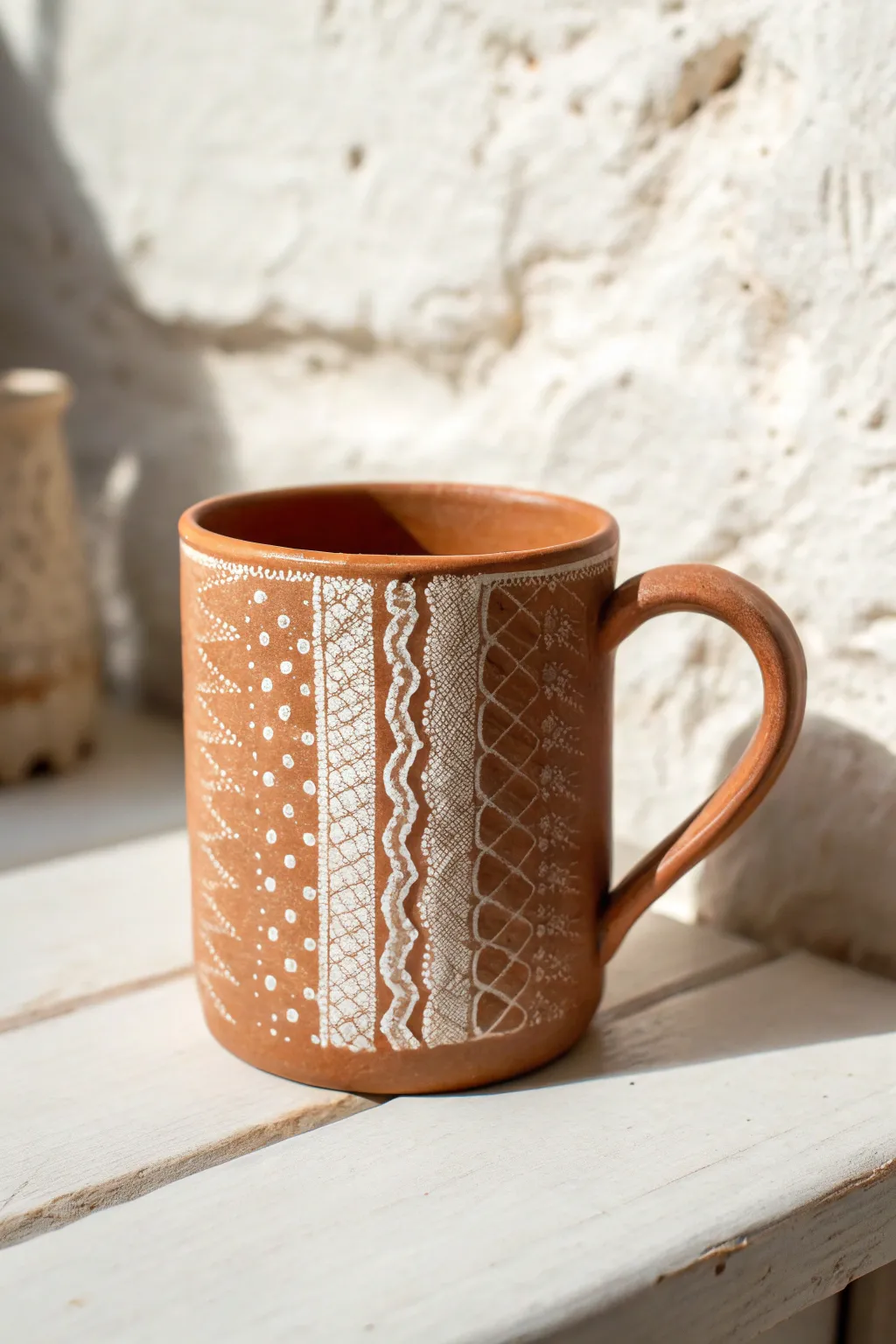 Easy lace-pressed texture panel mug idea with bold contrast and clean Scandinavian simplicity