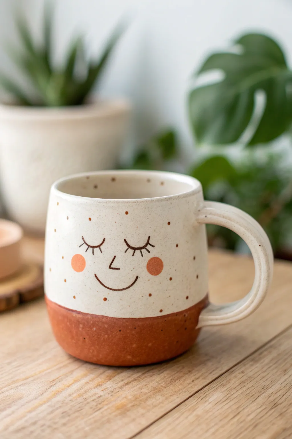 Freckled clay mug with a cute button nose, simple eyes, and a warm handmade smile.