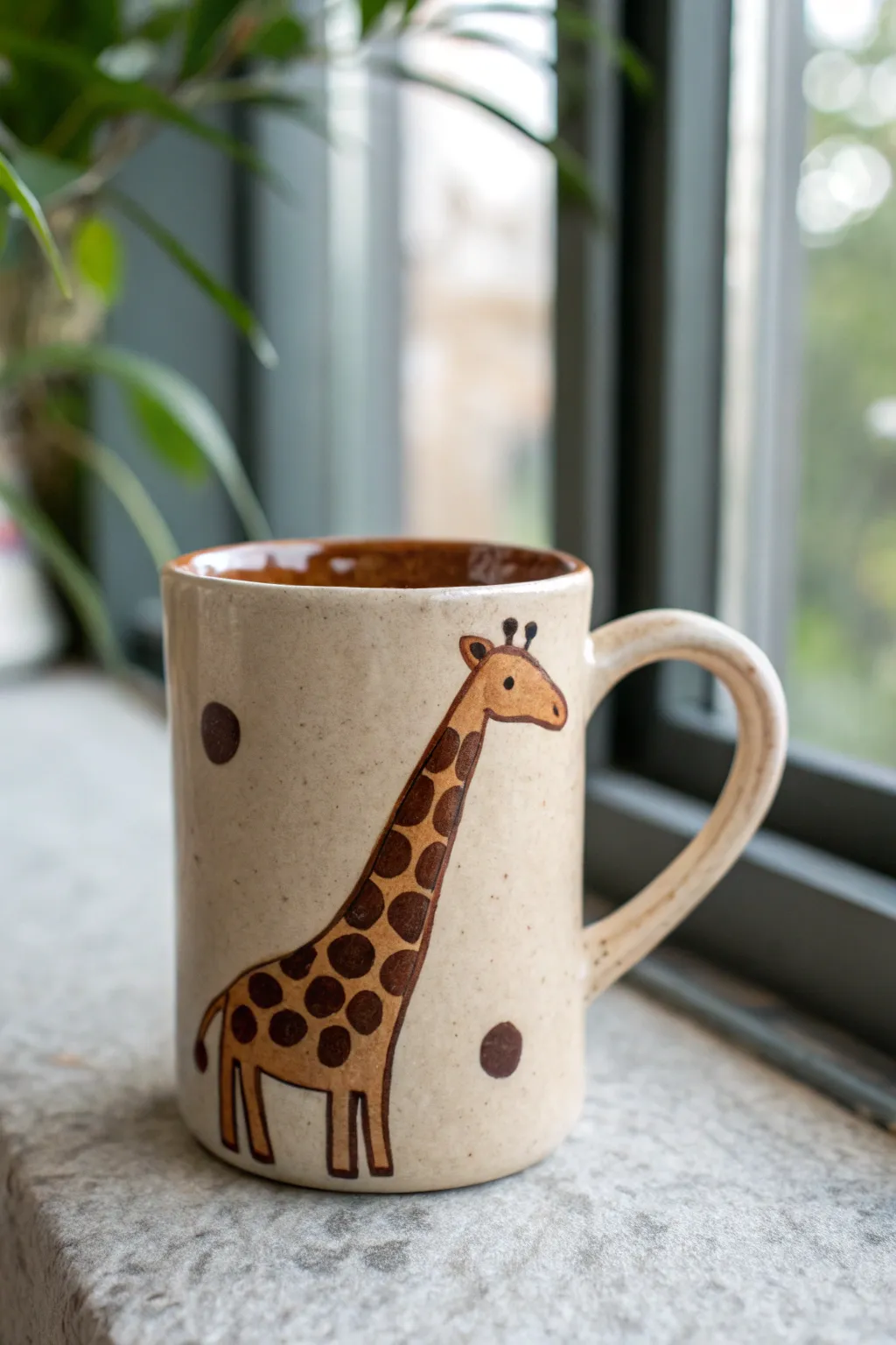 Giraffe neck handle mug in tan clay with bold brown spots, minimalist boho and handmade charm.