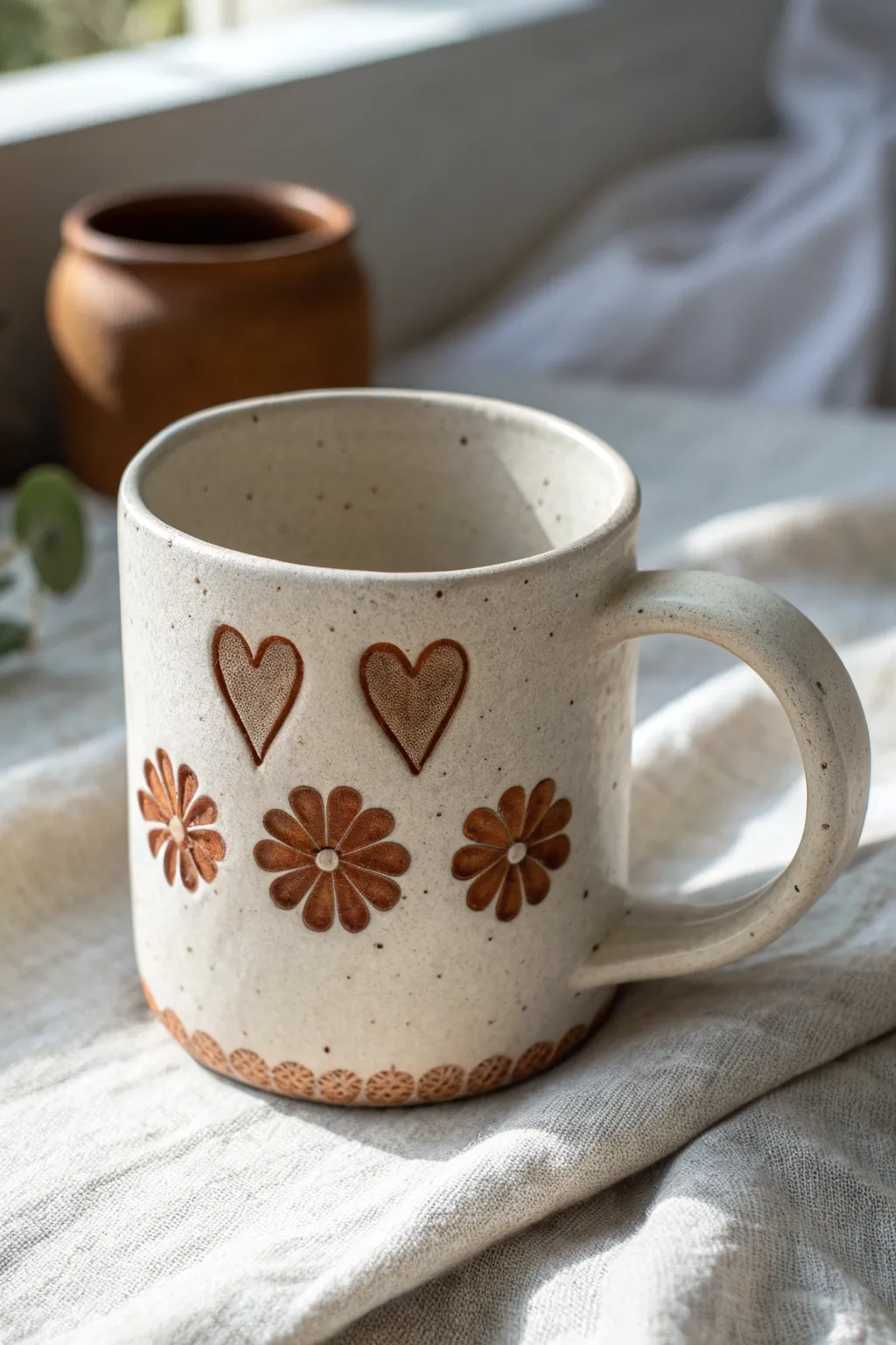 Easy clay mug idea: matte white cup with terracotta cookie-cutter appliqué hearts and flower.