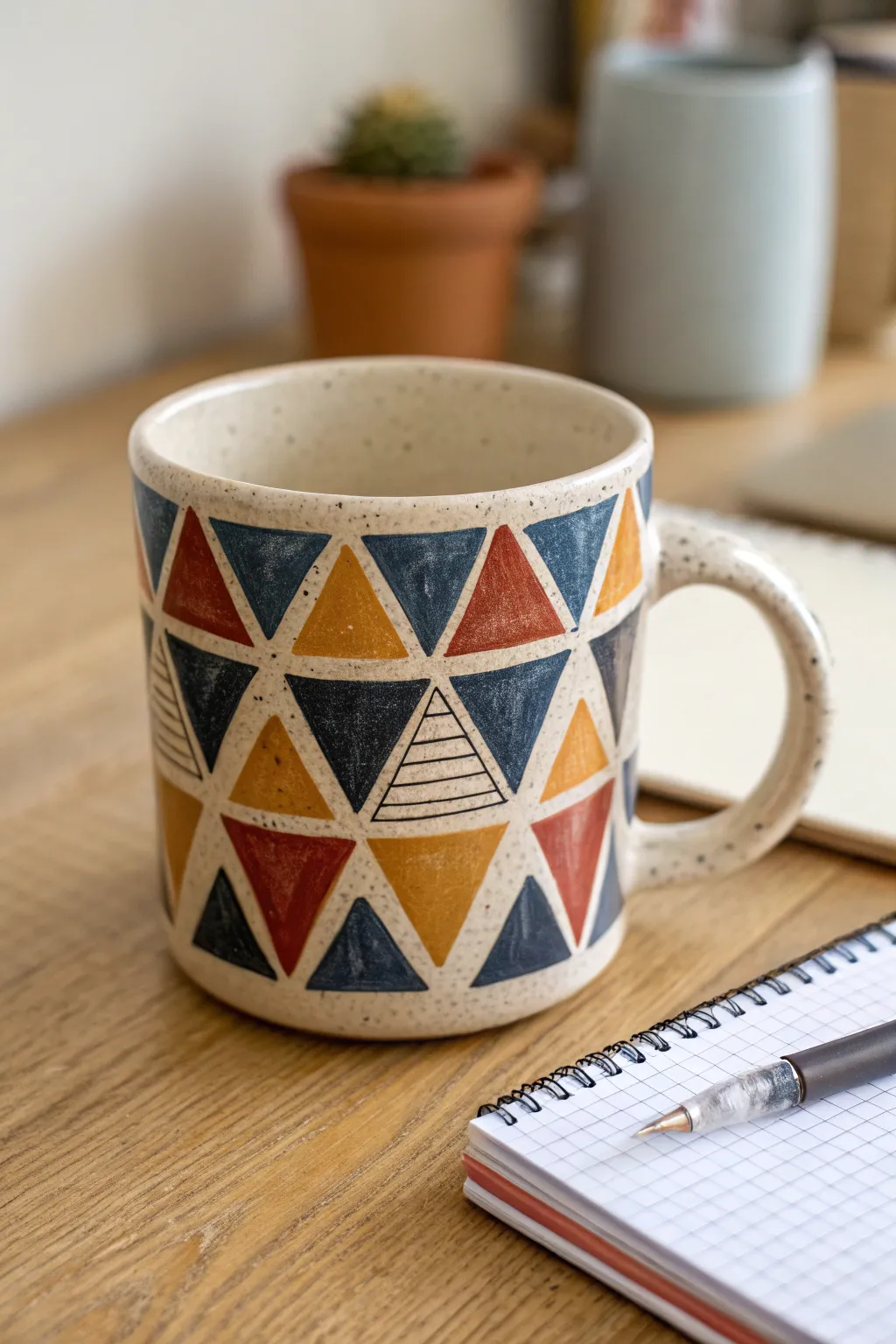 Modern triangle painted mug in bold colors, minimal tabletop styling for chic clay DIY inspiration.