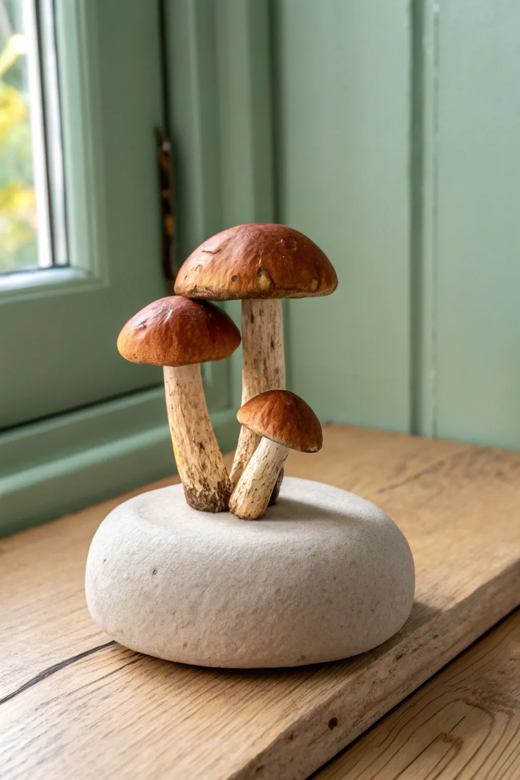 Realistic clay woodland mushrooms with textured caps in warm browns on a simple natural base.
