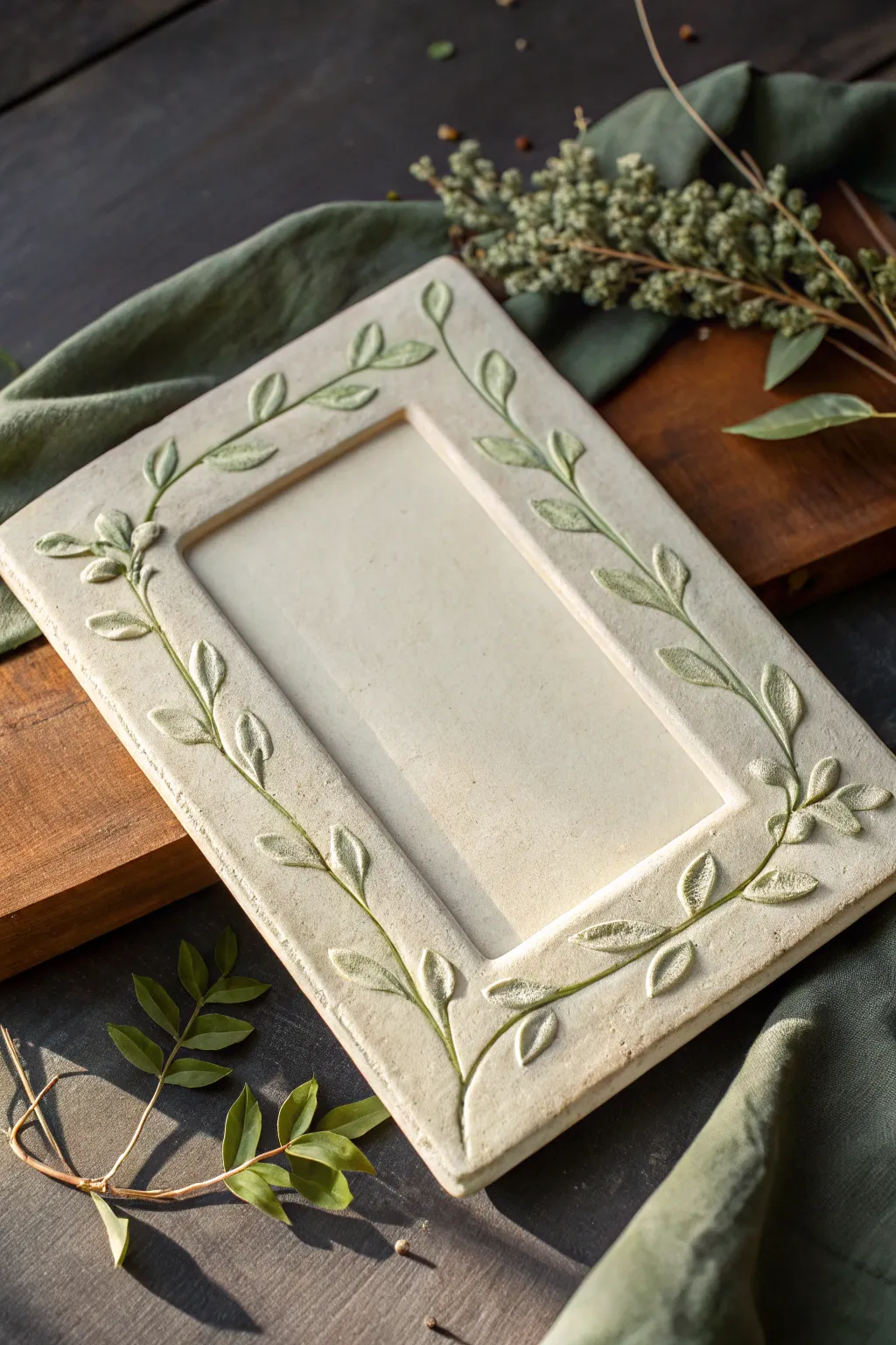 Minimal clay plaque with sage leafy vines in the corners, a serene Scandinavian-boho finish.
