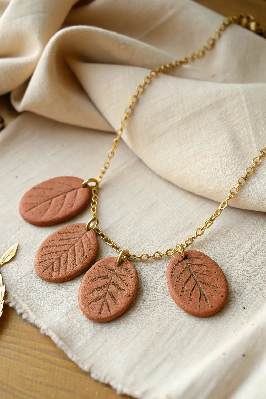 Botanical leaf-imprint clay charm necklace on warm linen, minimalist boho and beautifully handmade