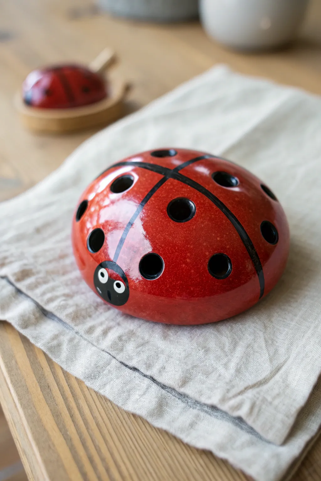 Glossy ladybug ocarina with dot finger holes, minimalist yet bold for a charming clay project.