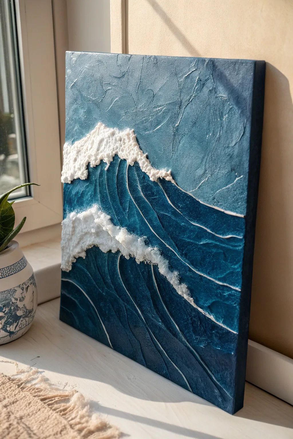 Deep ocean blues and sculpted clay foam create a striking minimalist wave canvas in 3D.