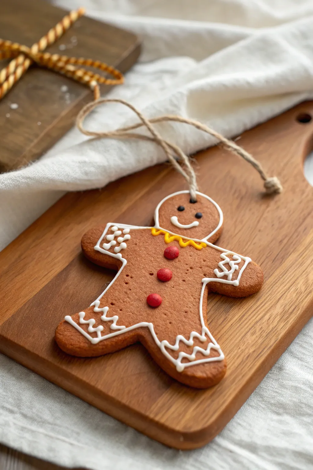 Sweet gingerbread clay ornament with icing-style paint and ribbon loop, cozy minimalist holiday vibe