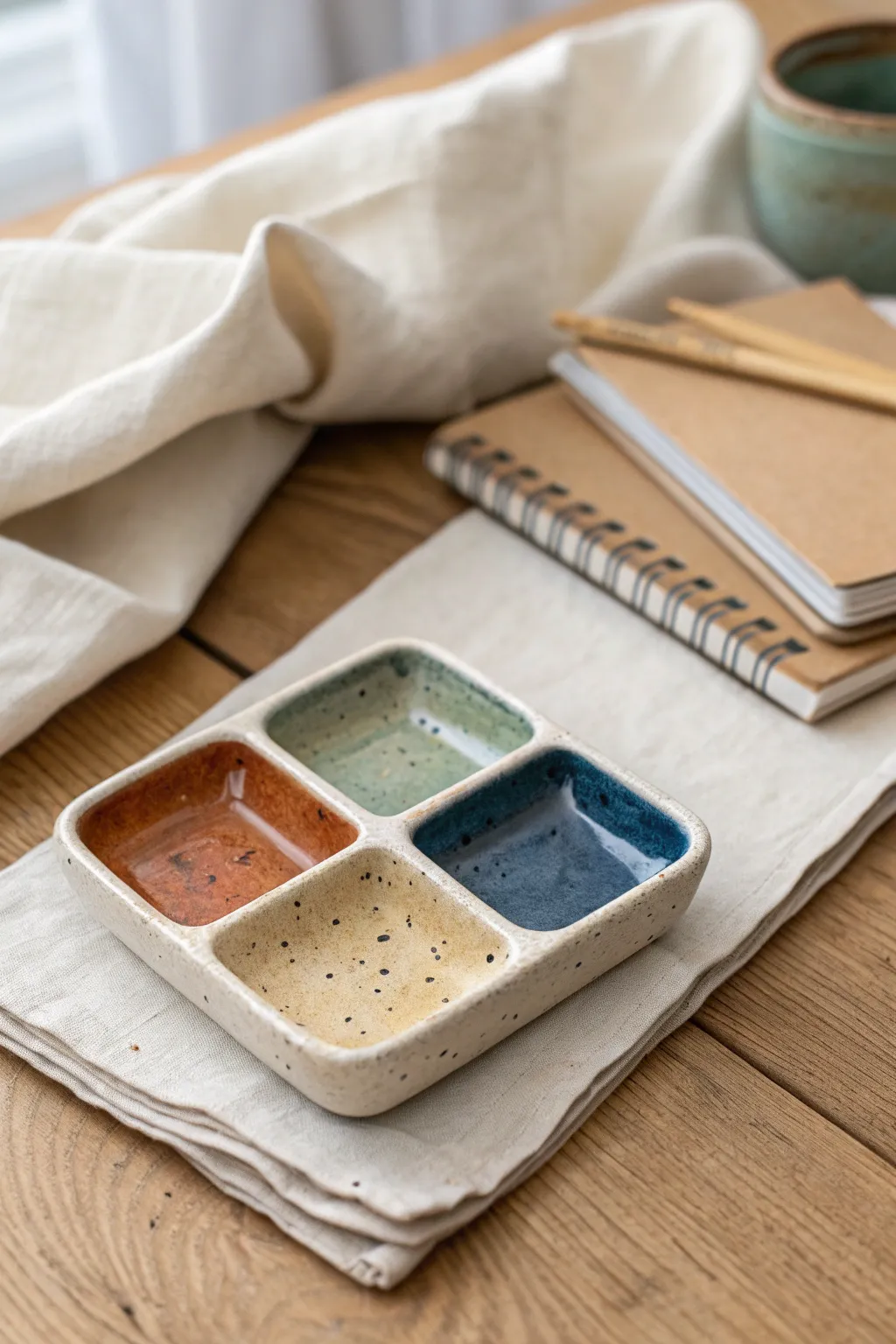 Stackable mini clay paint palettes for travel, nested neatly with bold glaze and minimalist boho style.