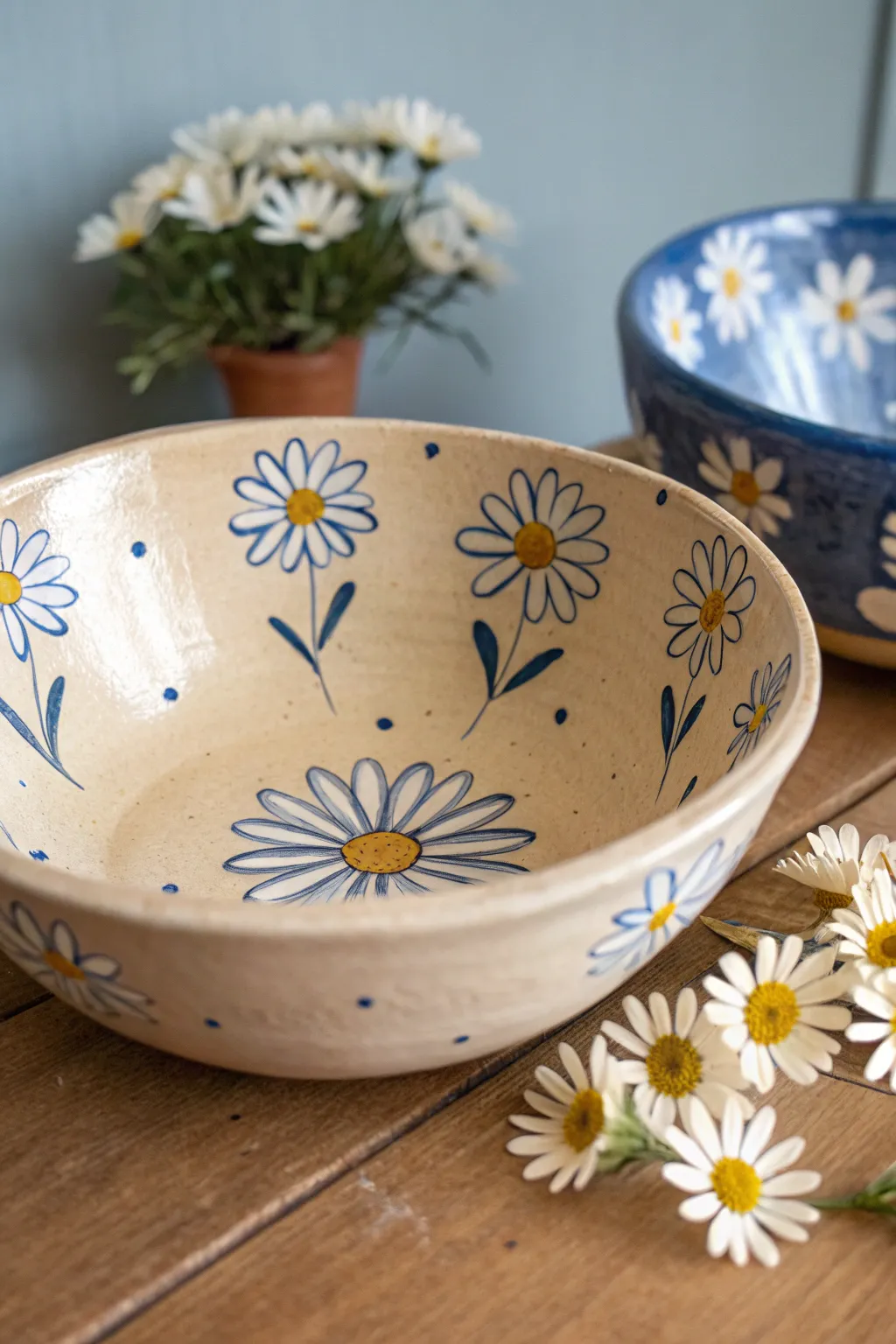 Easy wildflower bowl painting: simple daisies and dots with bold color on a clean, minimal base.
