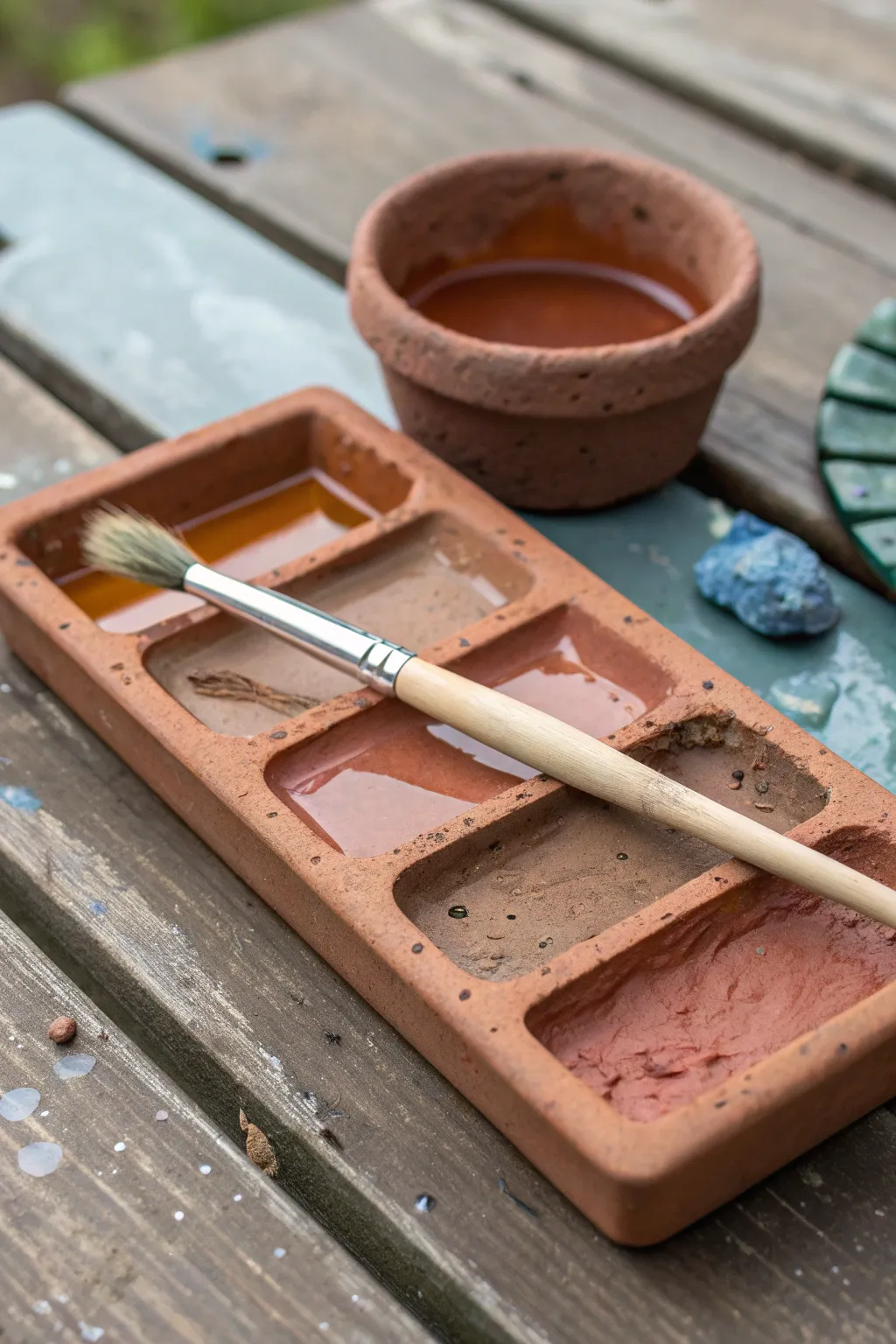 Minimal slab clay palette with built-in brush rest, filled with airy watercolor puddles.