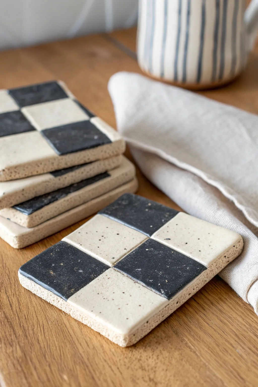 Bold cream and charcoal checkerboard coasters for an easy, modern minimal clay pattern idea.