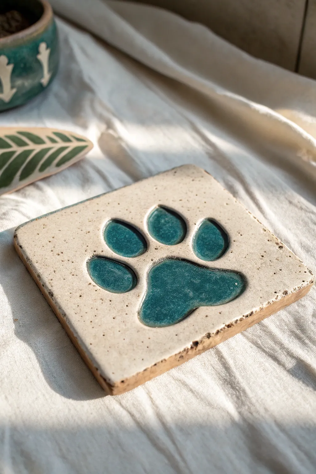 Minimal clay paw print with crisp outline and soft shadow, simple and dimensional.