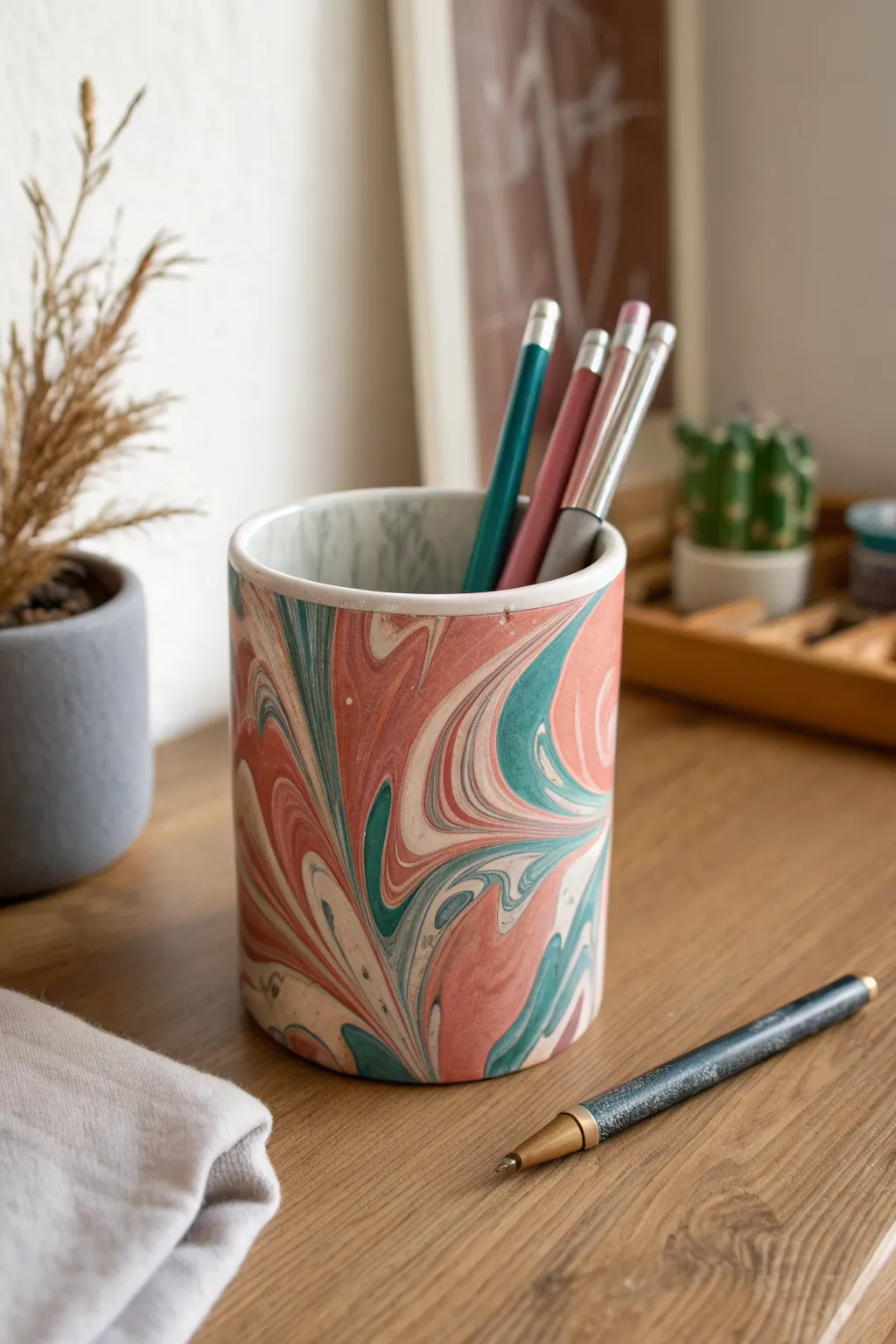 Swirled marble clay pen holder in bold hues, minimalist styling for a chic Scandinavian desk.