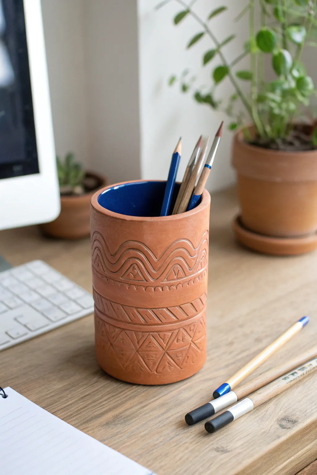Carved clay pencil holder with etched waves, a chic minimalist-boho desk accent for creatives.