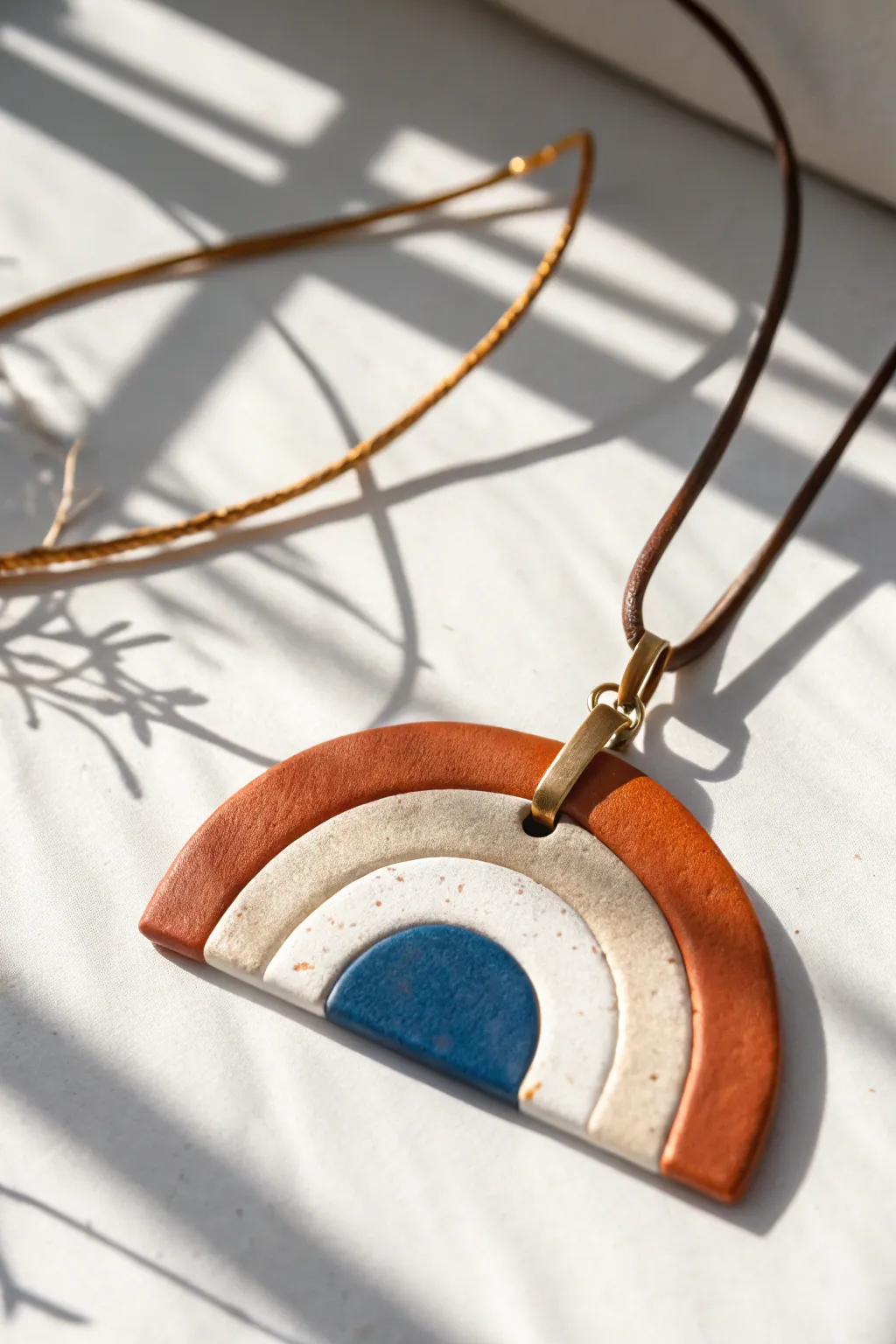 Color-block arch clay pendant with crisp lines, bold contrast, and a minimalist modern boho feel
