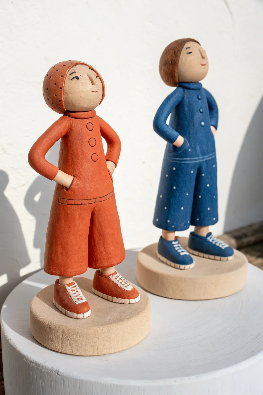 Two balanced clay people with wide shoes and chunky legs on a simple base, bold yet minimal