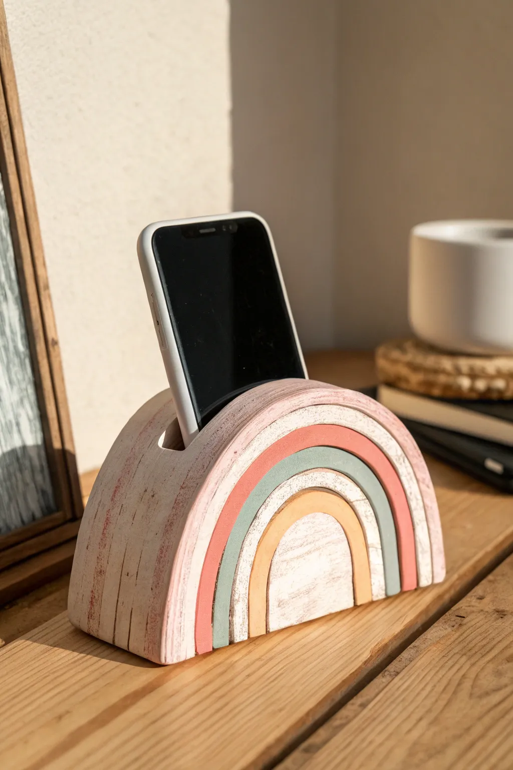 Soft rainbow arch clay phone stand with cozy light, minimal styling, and handmade charm