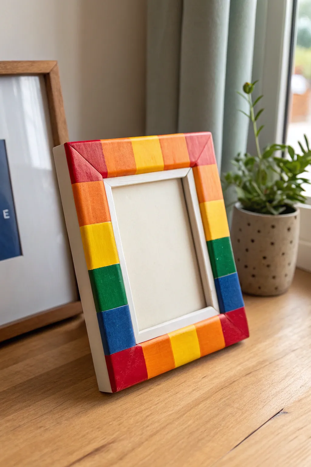 Rainbow color-block clay photo frame with crisp edges and glossy finish for a bold modern pop.