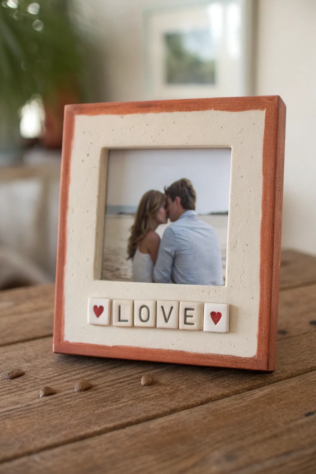 Sweet clay frame with LOVE tiles and tiny hearts, a minimalist romantic keepsake for couples