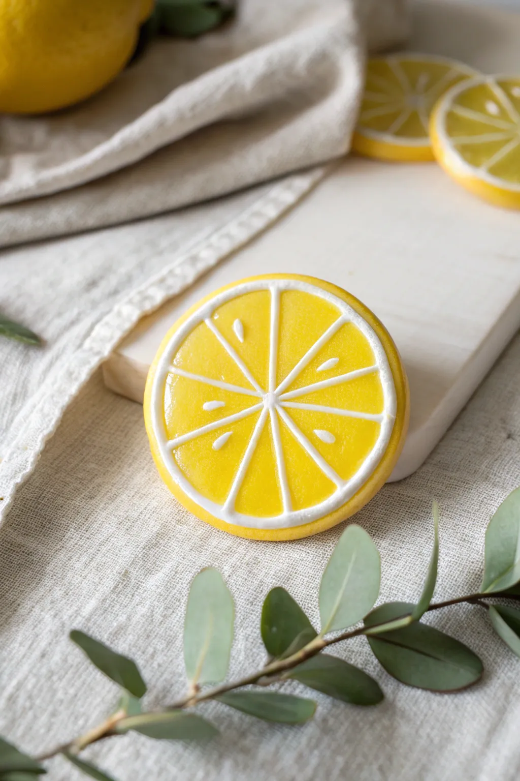 Bright glossy lemon-slice clay pin with crisp segments, minimalist styling, bold sunny contrast.