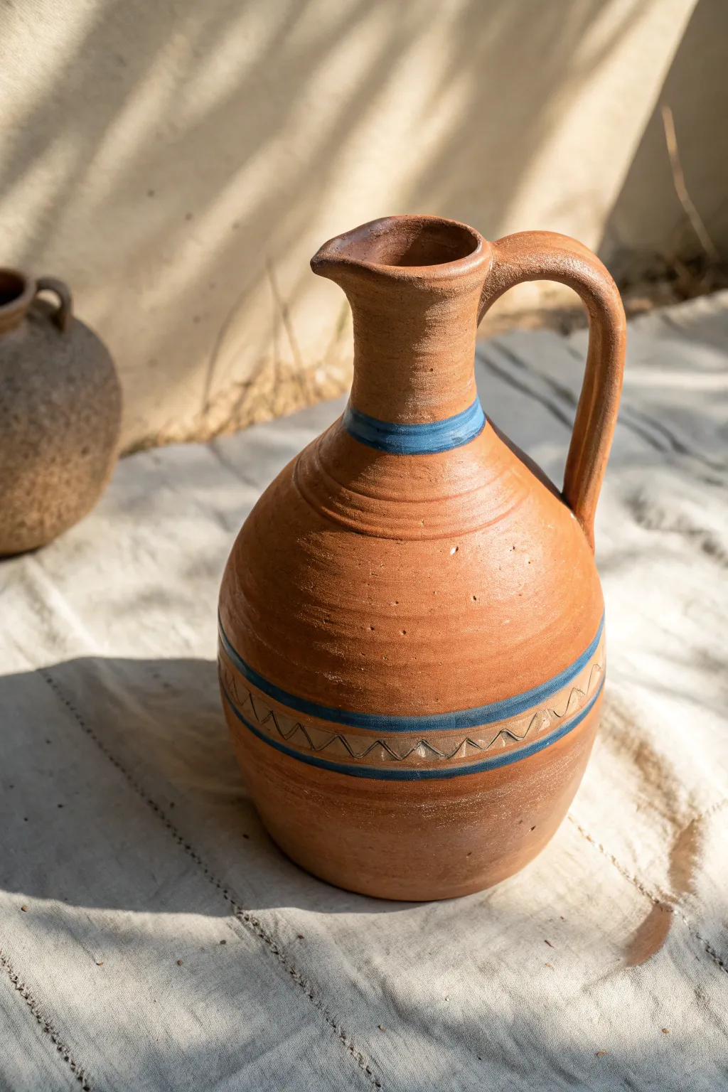 Darted clay pitcher with a narrowed shoulder for a clean, controlled pour and sculptural charm.