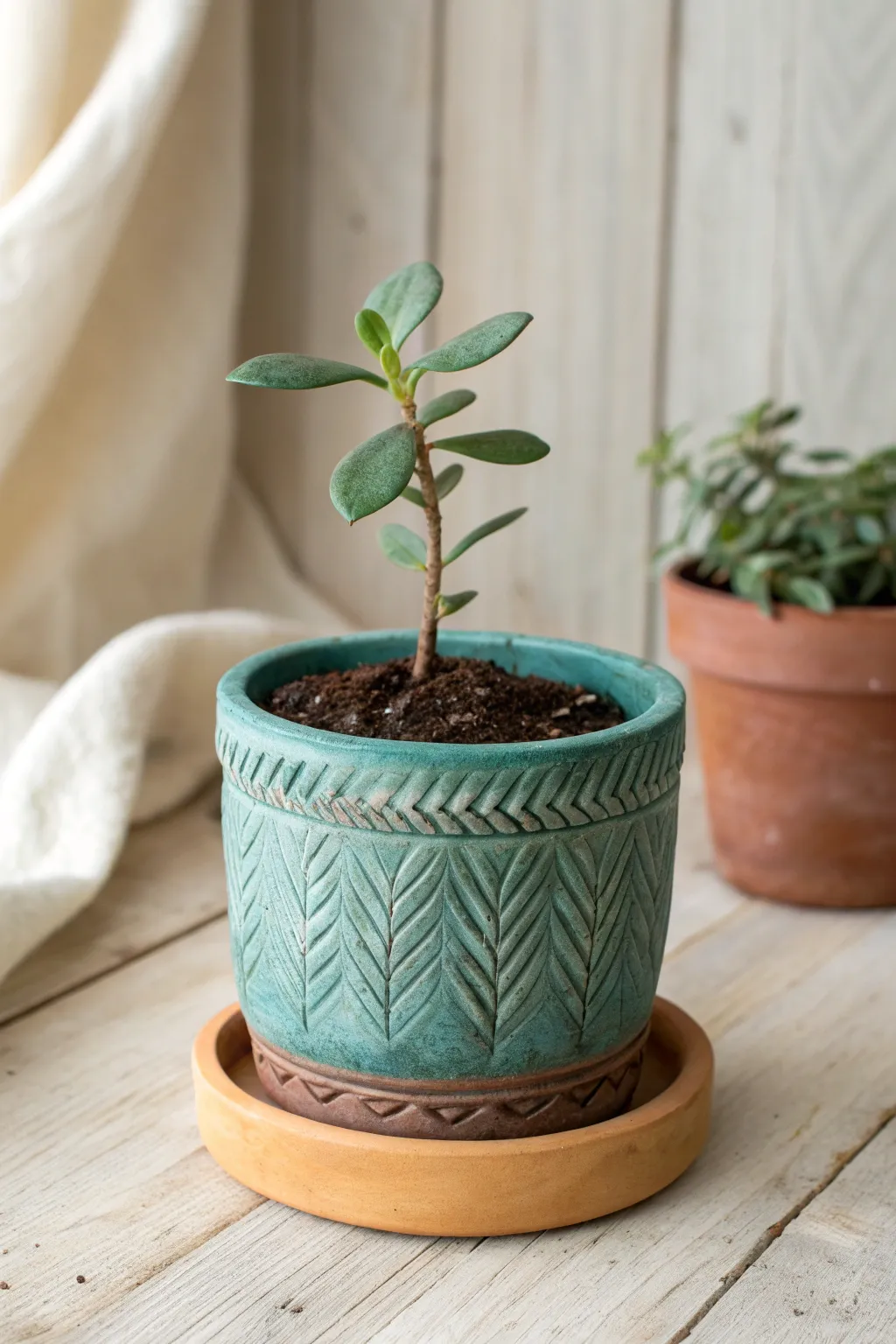 Textured leaf-stamped mini planter with a simple clay sprig, minimal Nordic + boho color pop