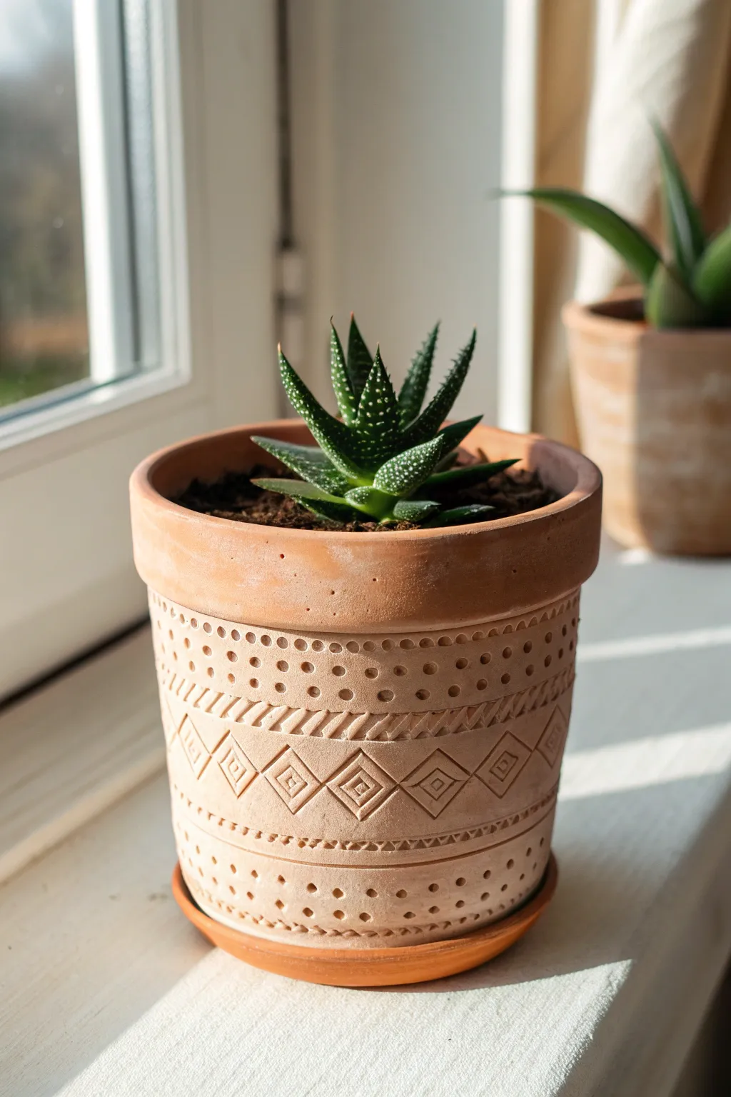 Stamped texture terracotta pot with a neat succulent, minimalist boho styling and striking contrast