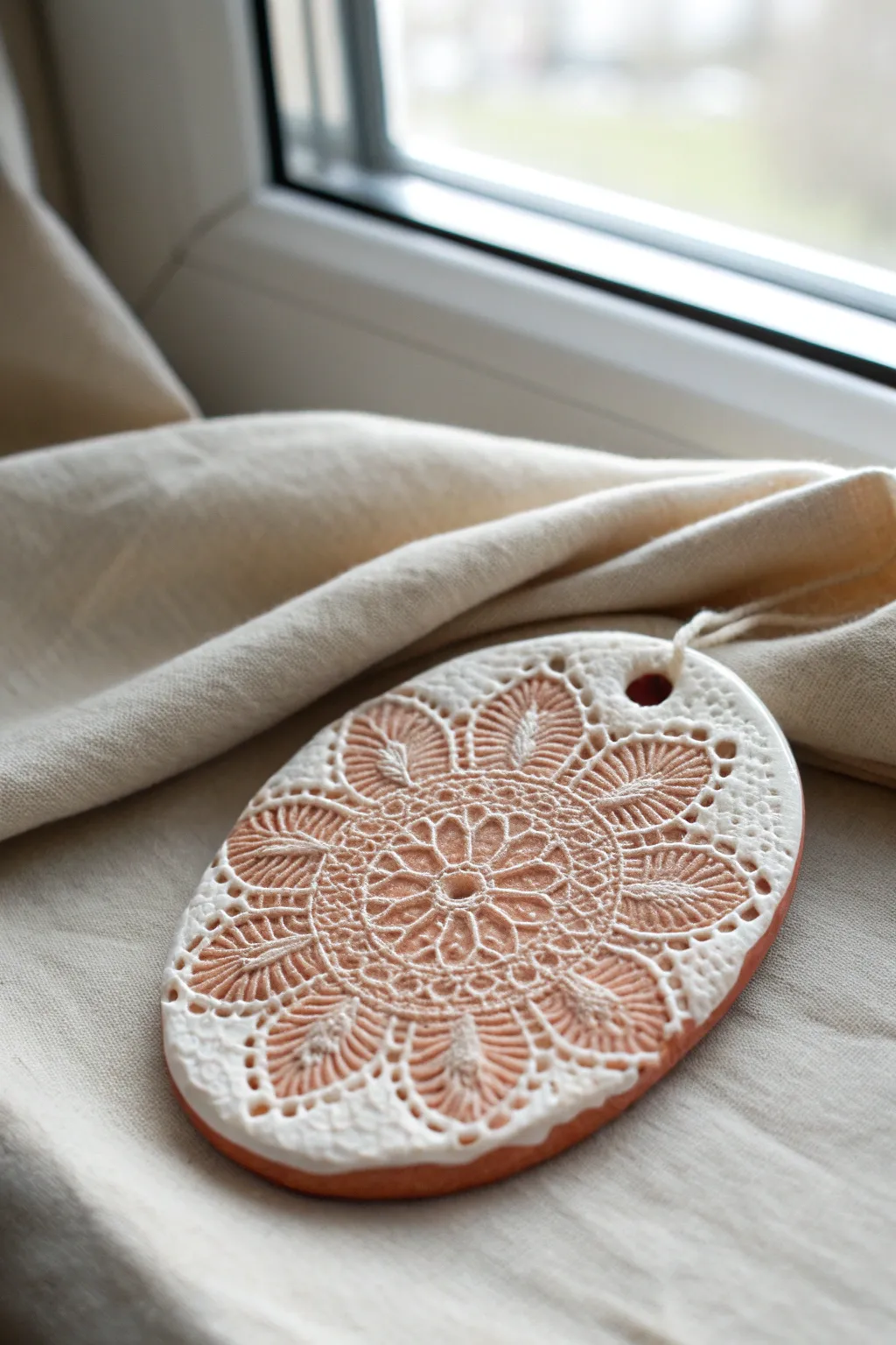 Lace-textured clay plaque with a soft white highlight wash, styled on linen in warm natural light.