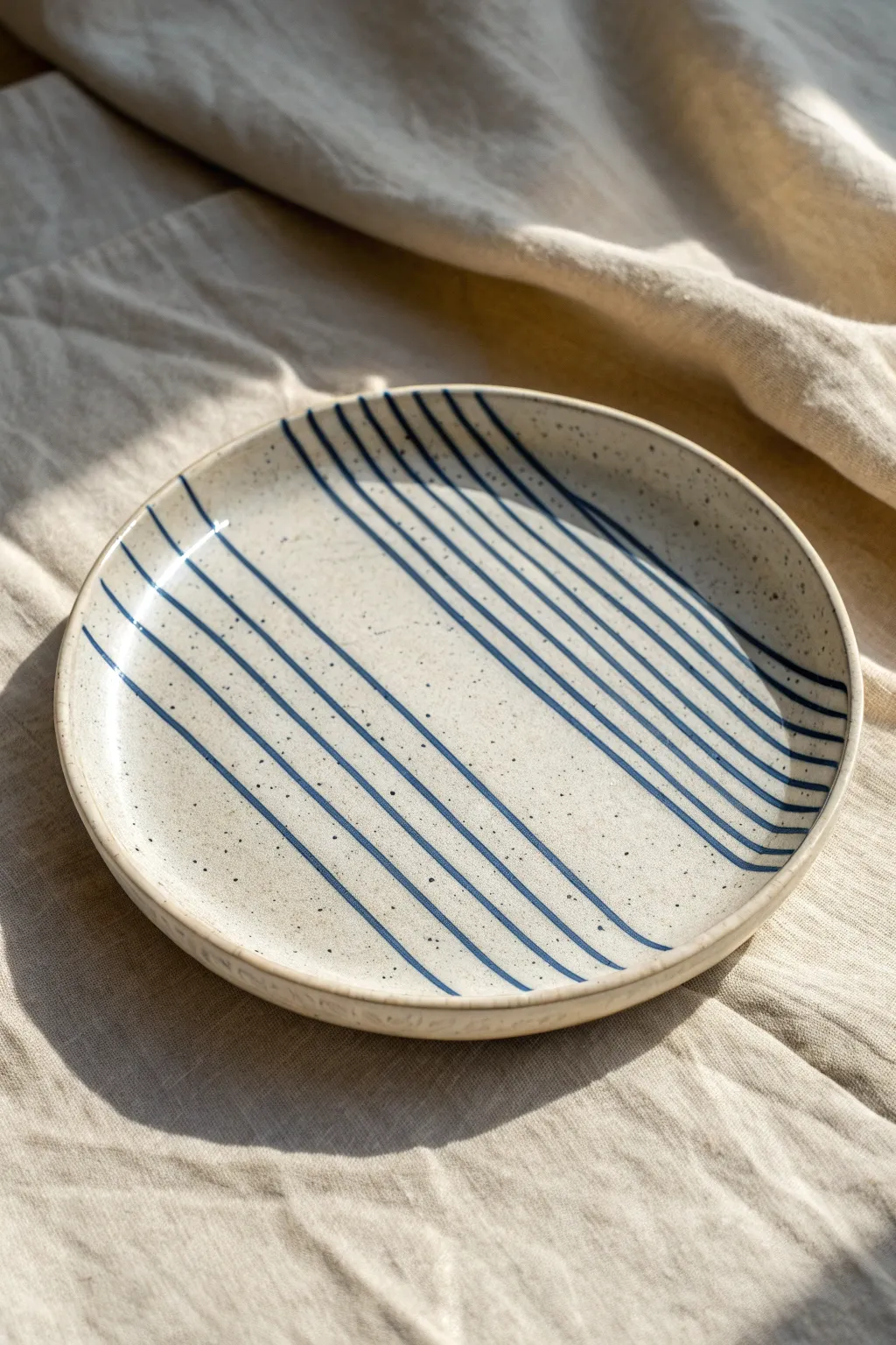 Crisp Mishima inlay lines on a glazed stoneware plate, simple, bold, and handmade.