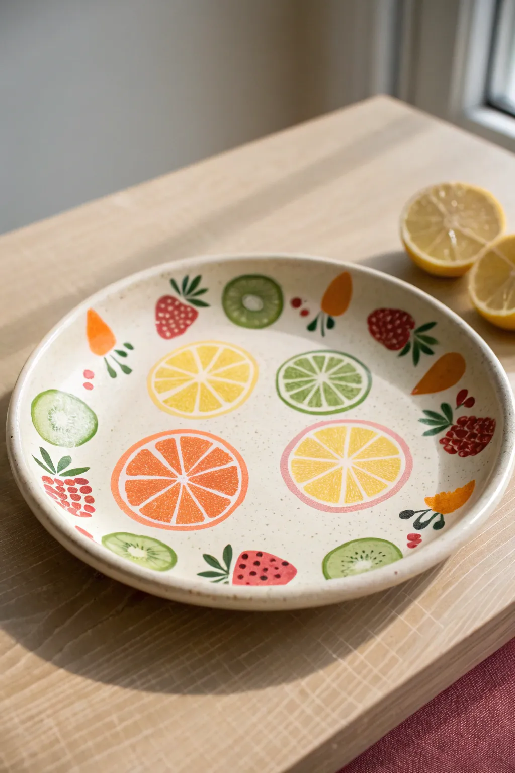 Bright fruit slice plate painting idea with bold outlines and juicy colors, simple and handmade.
