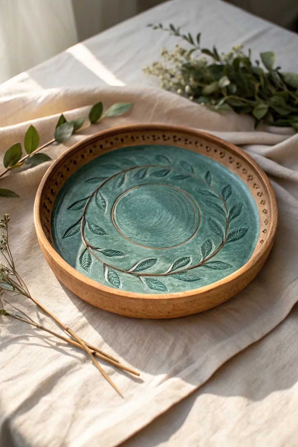 Botanical relief platter with a translucent teal glaze and simple raised vines, minimal and bold