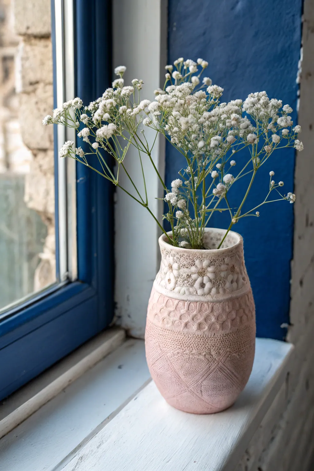 Lace-pressed clay pocket in a soft washed hue, perfect for tiny dried blooms on your wall.