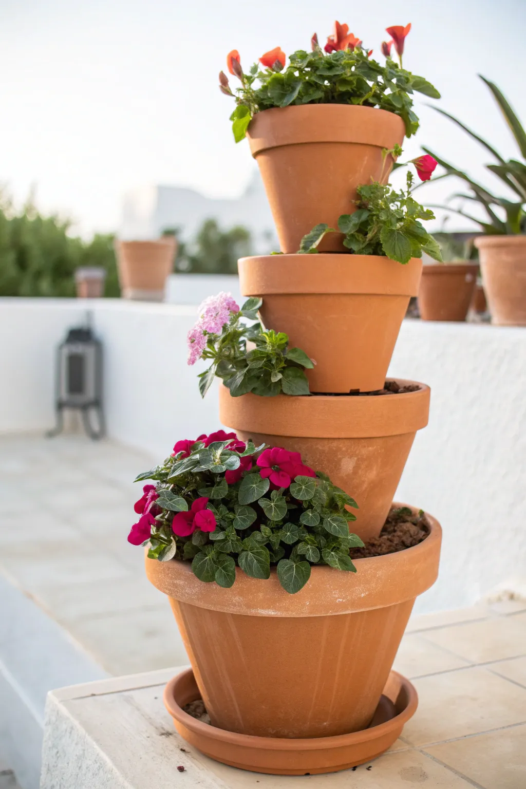 Simple tiered stacked clay pot planter with bold blooms, perfect for a cozy minimalist patio.