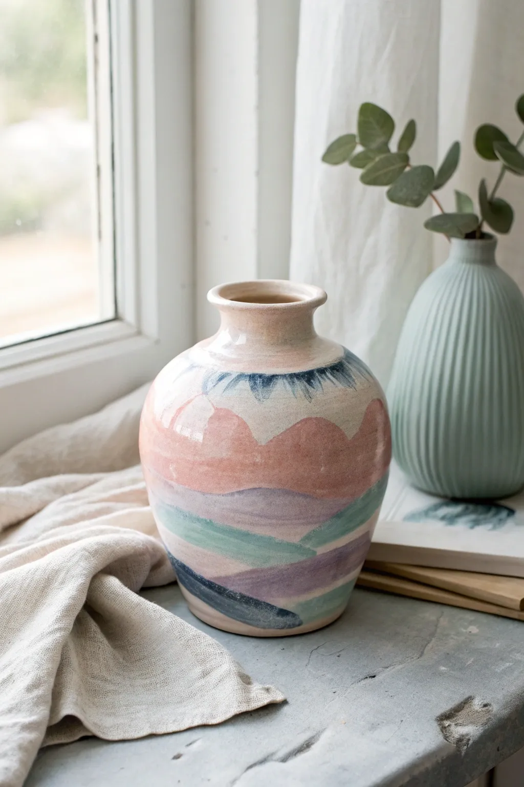 Soft watercolor washes make this clay pot feel airy, modern, and beautifully handmade.