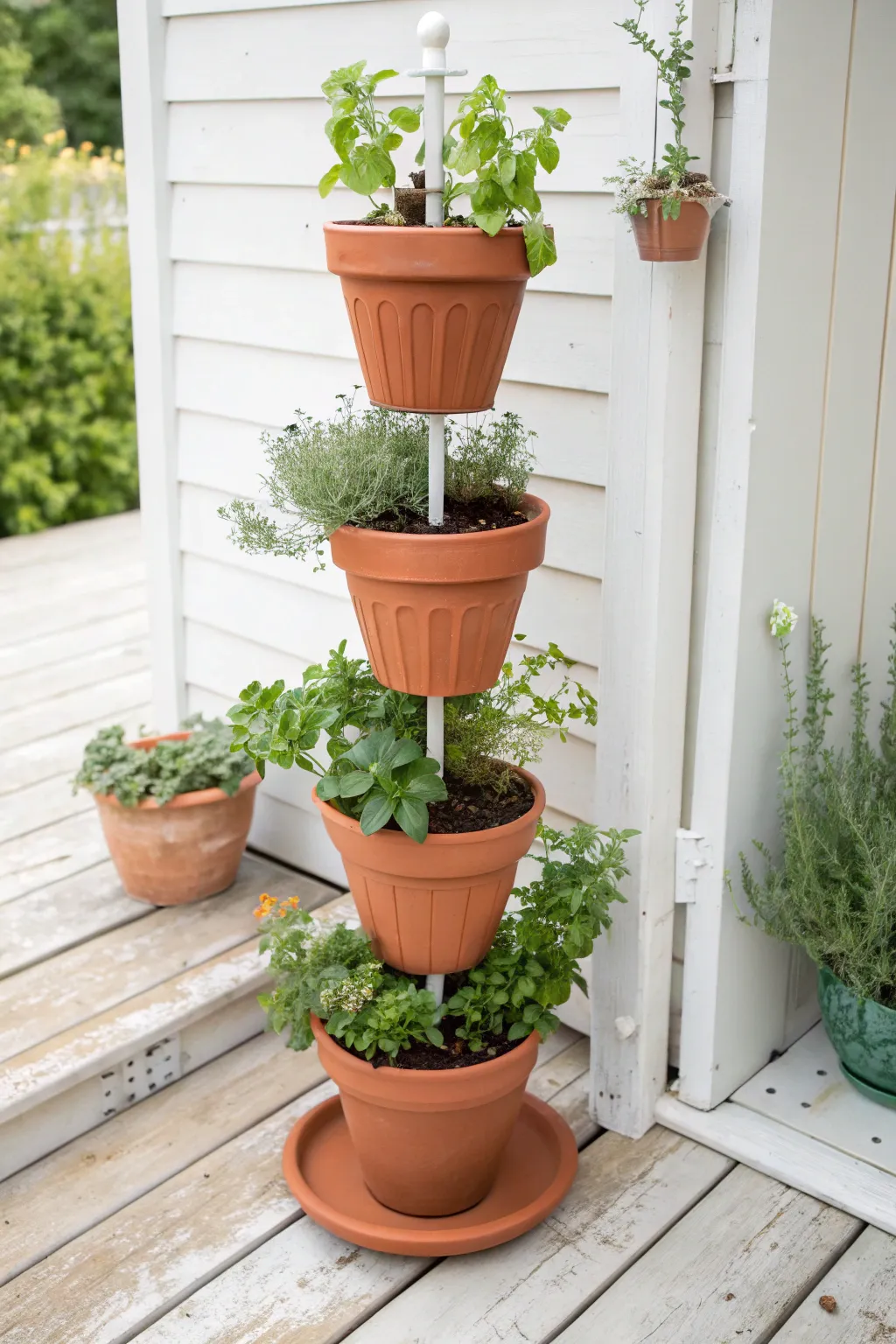 Space saving terracotta herb tower with lush basil, thyme, and mint for a chic minimalist patio.