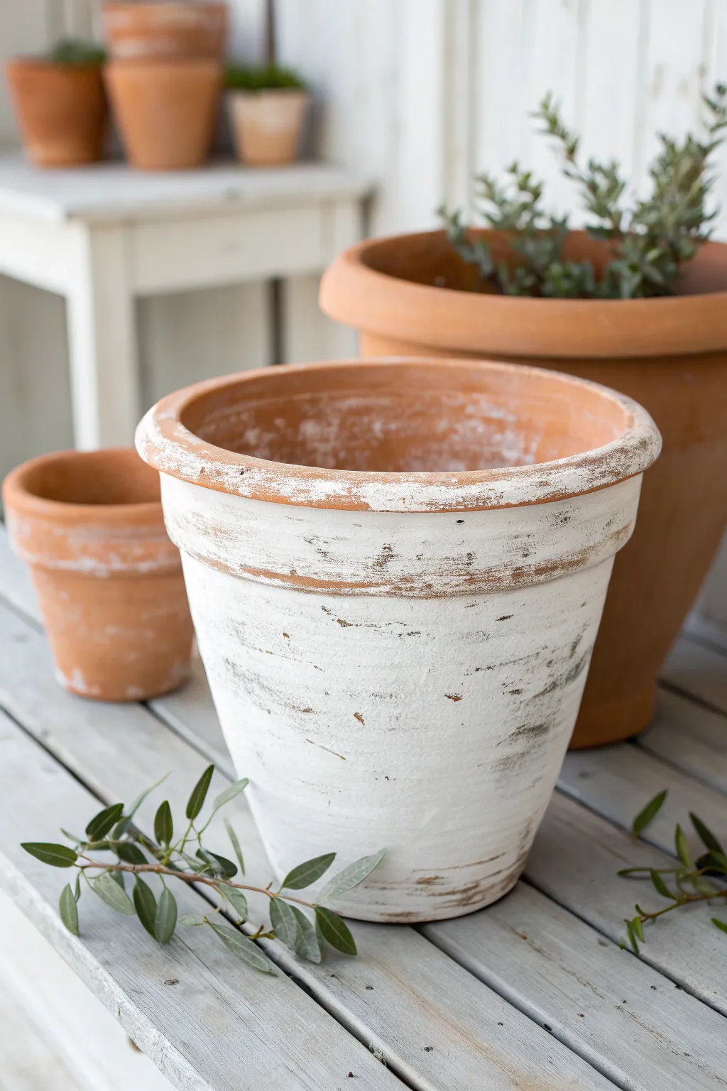 Chalky distressed terracotta pot with simple greenery, cozy farmhouse look in minimal boho style