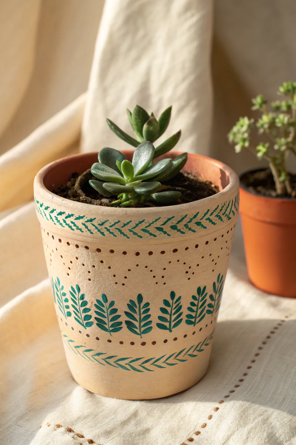 Stamped motif clay pot with a tiny succulent, Scandinavian minimal styling with a boho color pop