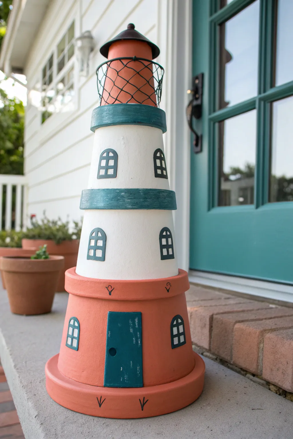 Minimal clay pot lighthouse with crisp painted windows and an arched door in bold boho colors.