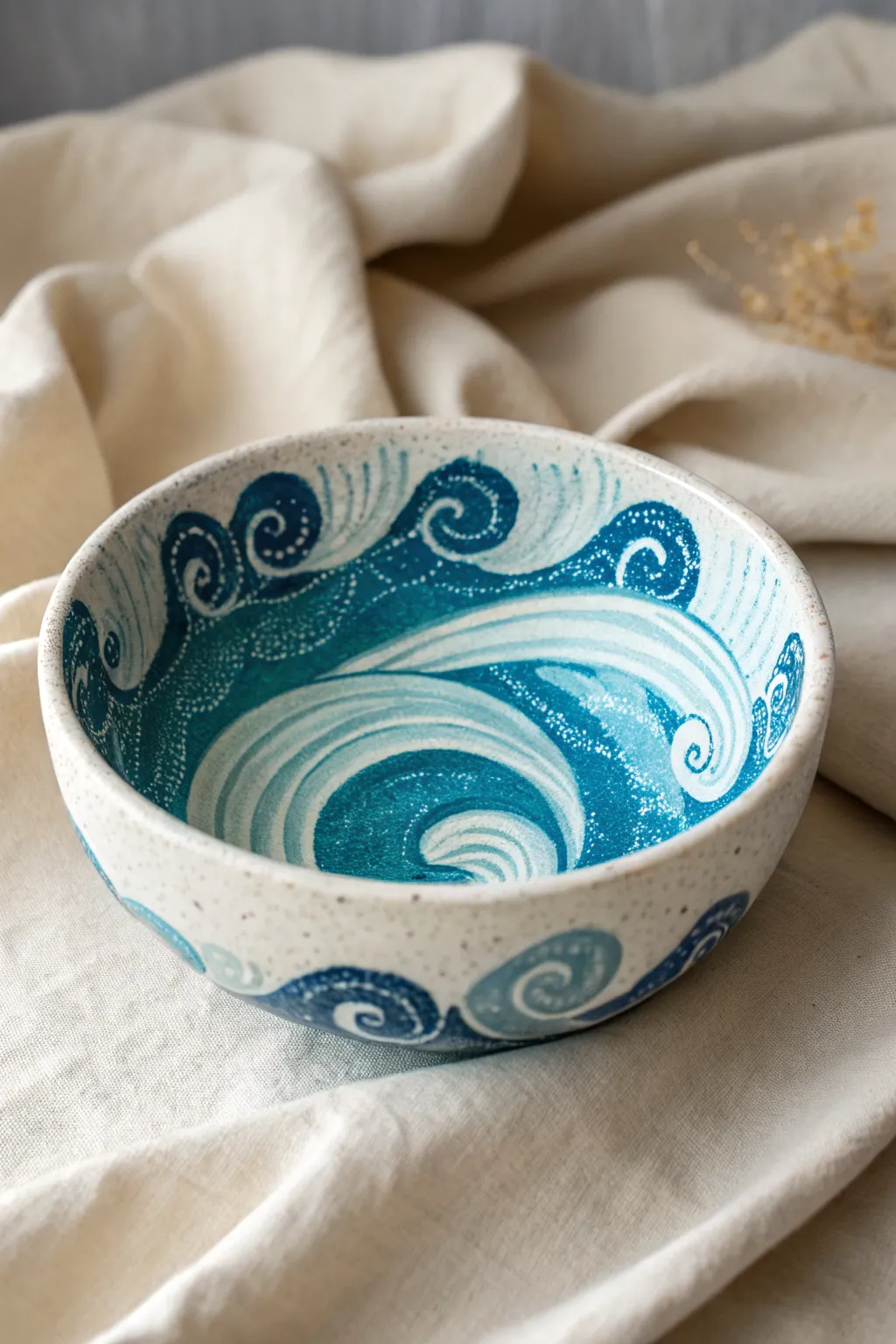 Ocean wave brush swirls in a handmade bowl, bold blue on white with calm minimalist styling