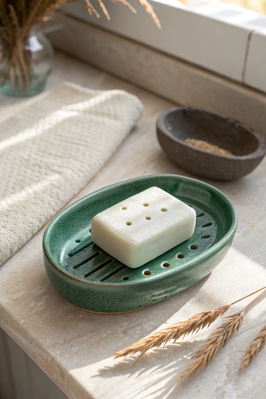 Minimal handmade ceramic soap dish with drainage grooves, bold glaze, spa-clean styling