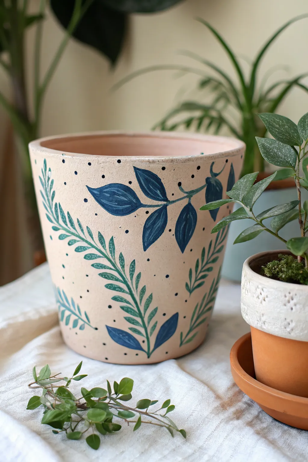 Leafy sprigs and berry dots make this simple painted planter feel fresh, cozy, and modern.