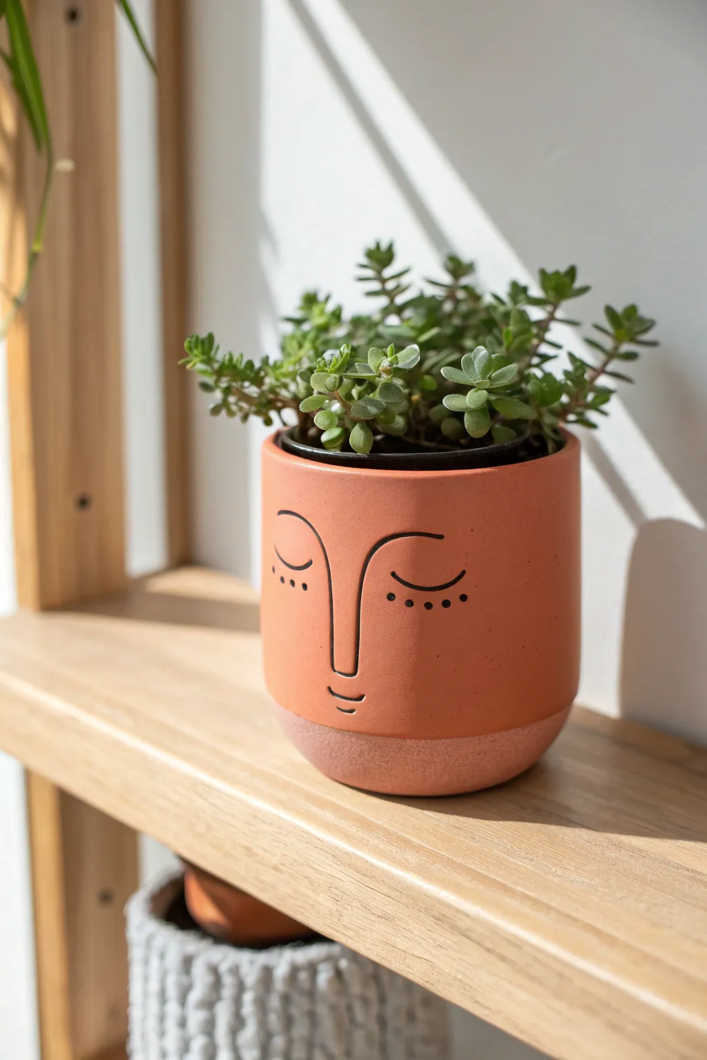 Matte blush face planter with a tiny green plant, simple sculpting for modern boho shelves.