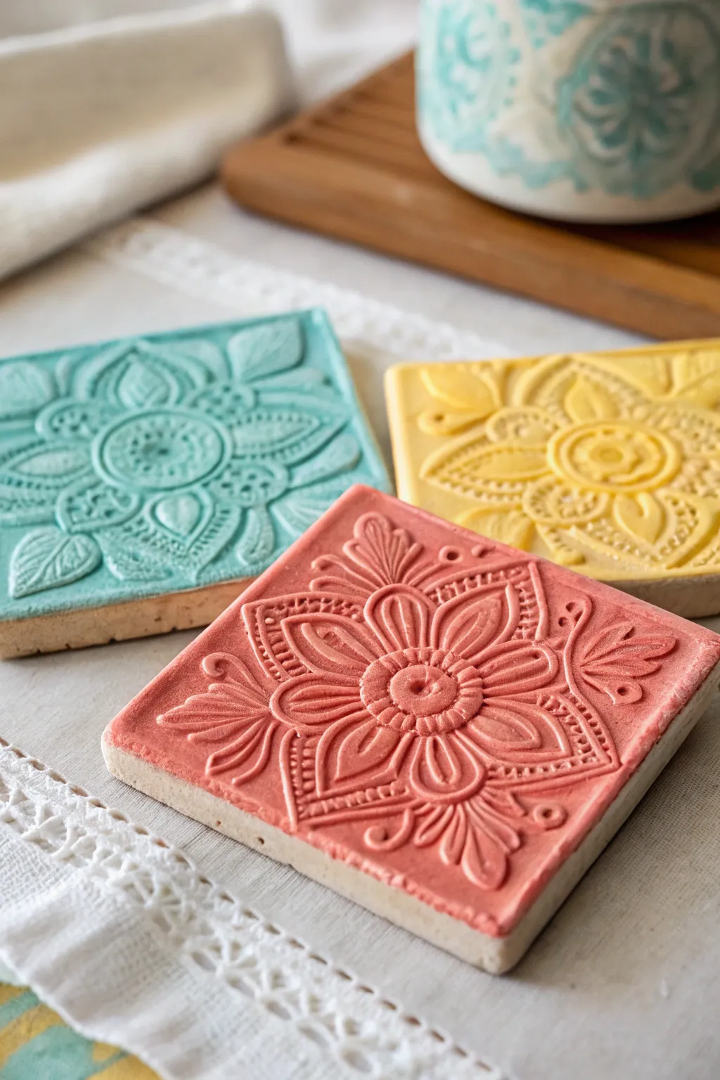 Bright stamped texture tiles kids can make, styled minimal Scandinavian with boho color pop.