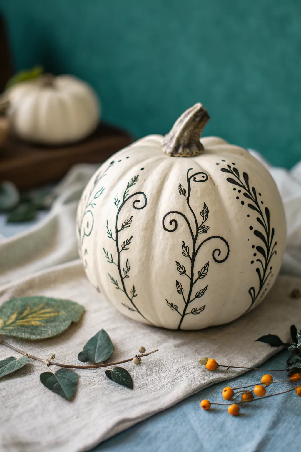 Minimal line art pumpkin in creamy clay with black botanicals, perfect for modern fall decor.